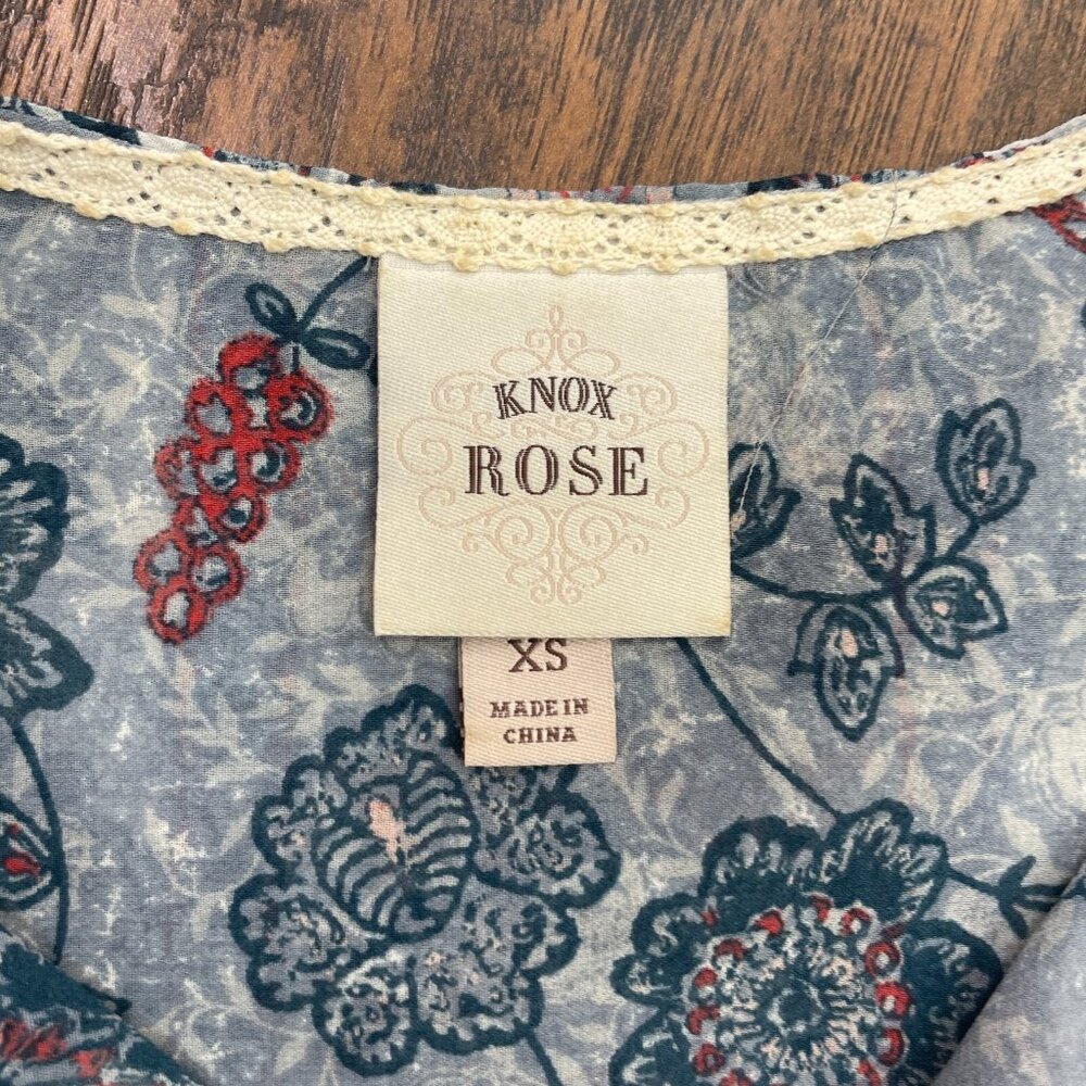 Knox‎ Rose Top XS Boho Floral Blue Short Sleeve Sheer Tie-Neck Blouse Women's - Picture 11 of 12